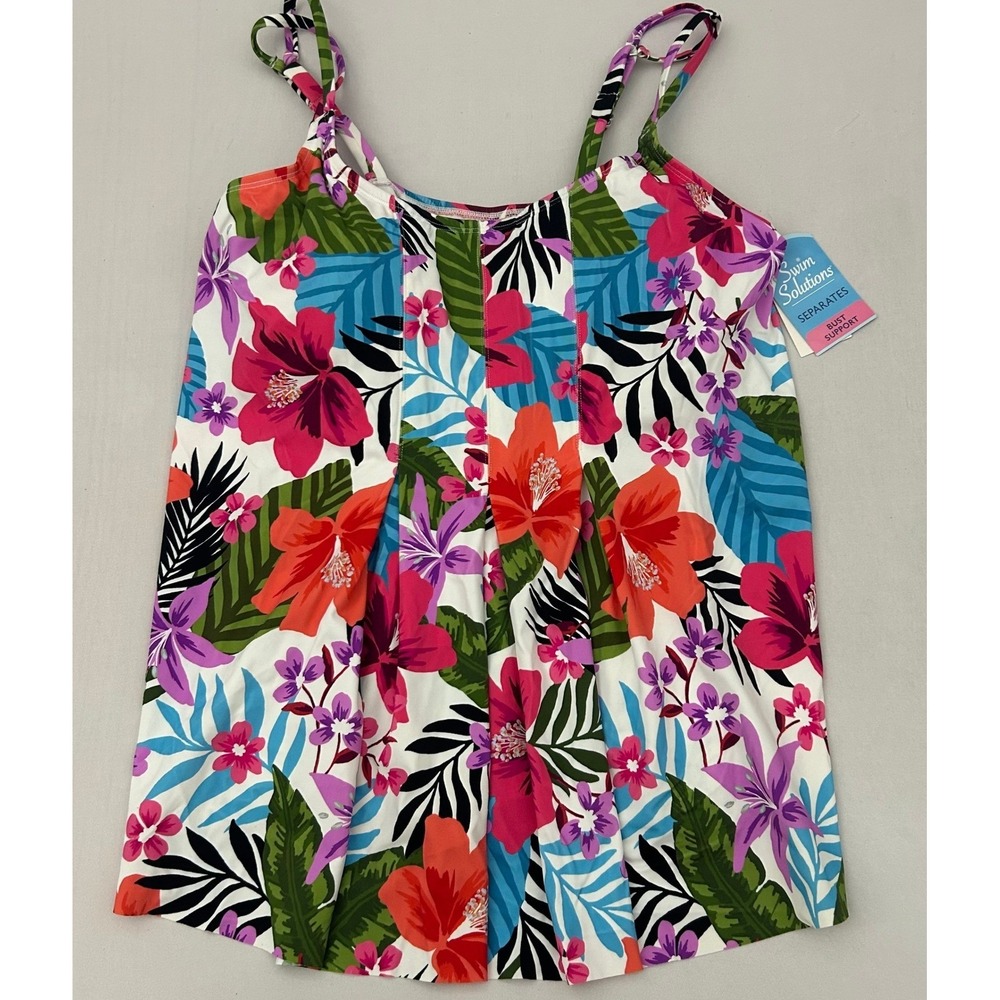 NWT Swim Solutions Tankini Womens 16W‎ Pleated Multi Floral Tropical Plus Top